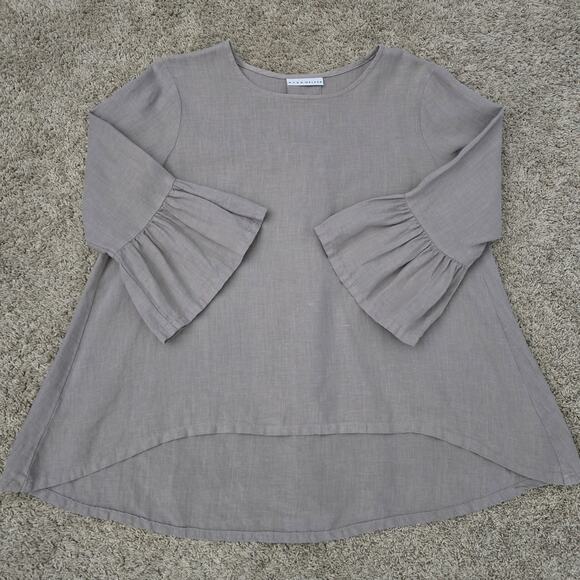 Bryan Walker Women’s Linen Flare Sleeve Blouse Taupe Sz S Minimalist Boho Resort - Picture 6 of 13